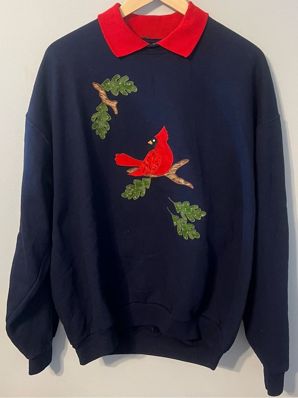 Vintage Embroidered Cardinal Sweatshirt Womens XL Navy Blue Collared Crewneck